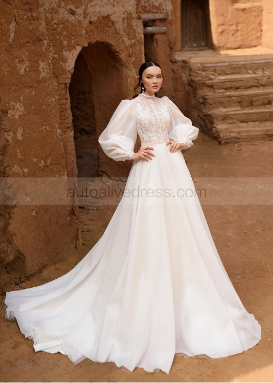 Beaded Ivory Lace Chiffon Pearl Buttons Back Wedding Dress